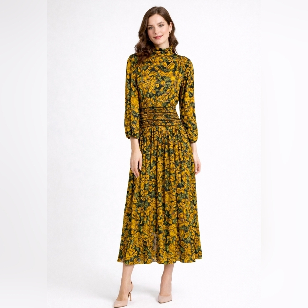 Vintage Barboglio Long Sleeve High Neck Maxi Dress Colorful Yellow Black Flowers